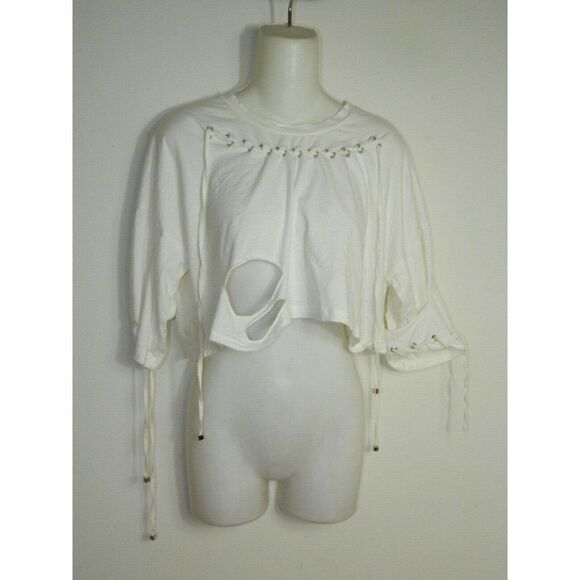 POL Clothing Shirt‎ White Cropped Distressed Beaded Strings Tank Top - Picture 1 of 8